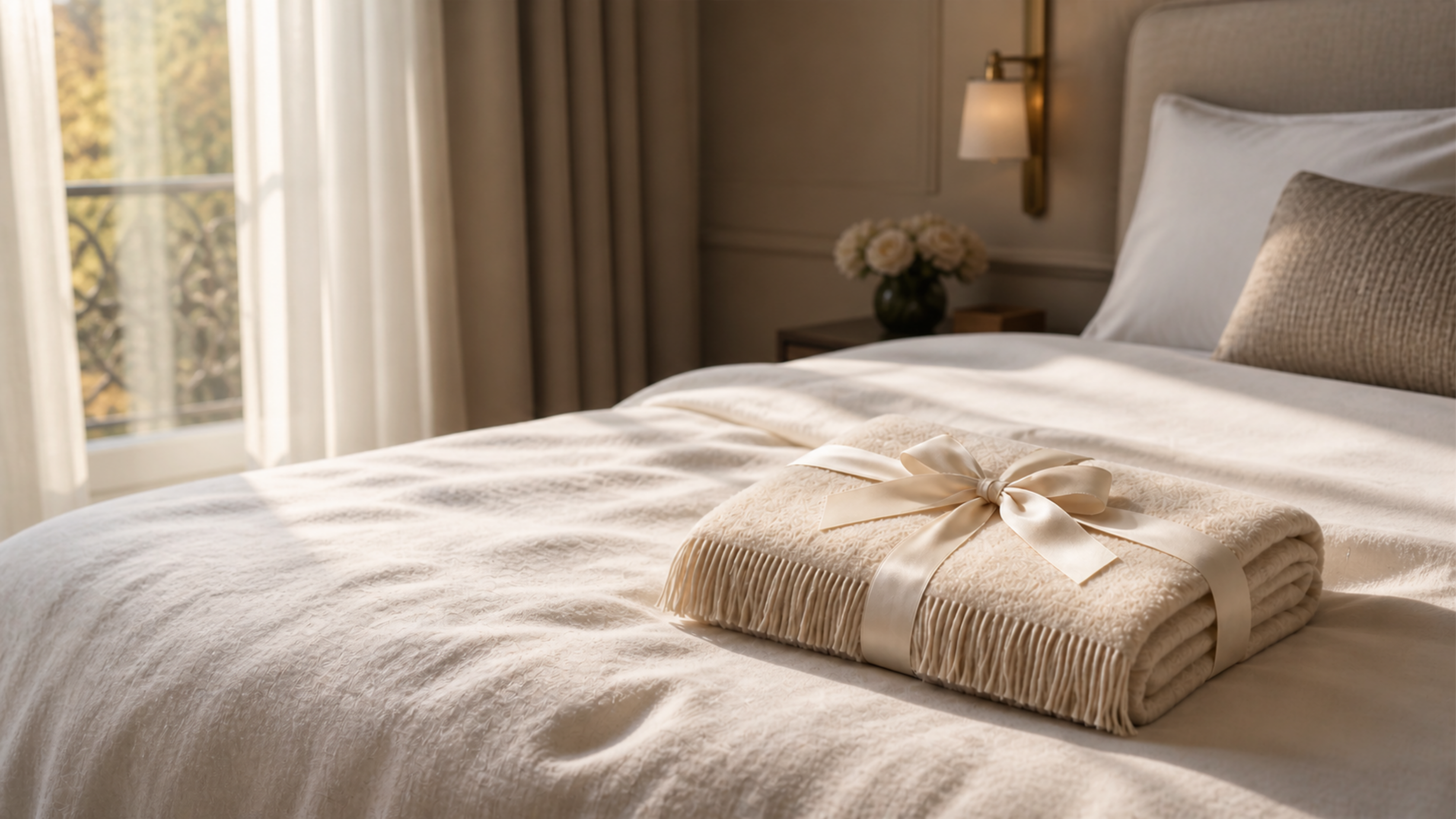 Neatly made bed with a folded beige blanket in a well-lit bedroom.