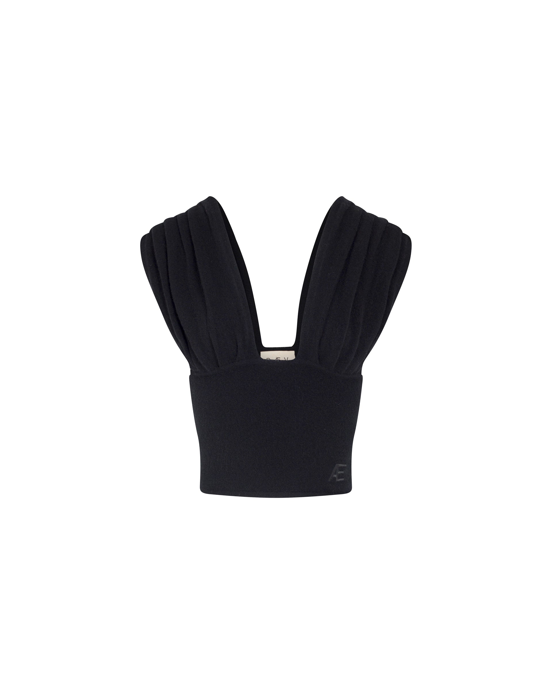 Black crop top with ruffled sleeves on a white background