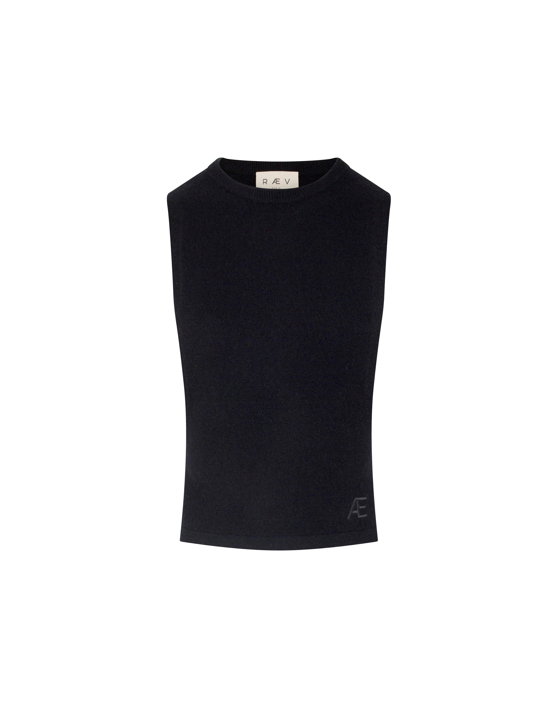 Black sleeveless top with brand logo on a white background