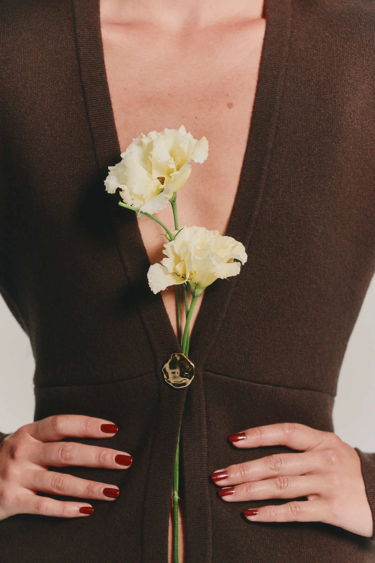A close-up of a woman wearing a brown deep V-neck cardigan in cashmere, holding a stem of pale yellow flowers against the front. The hands are resting on the hips, and a single gold button is visible at the center.