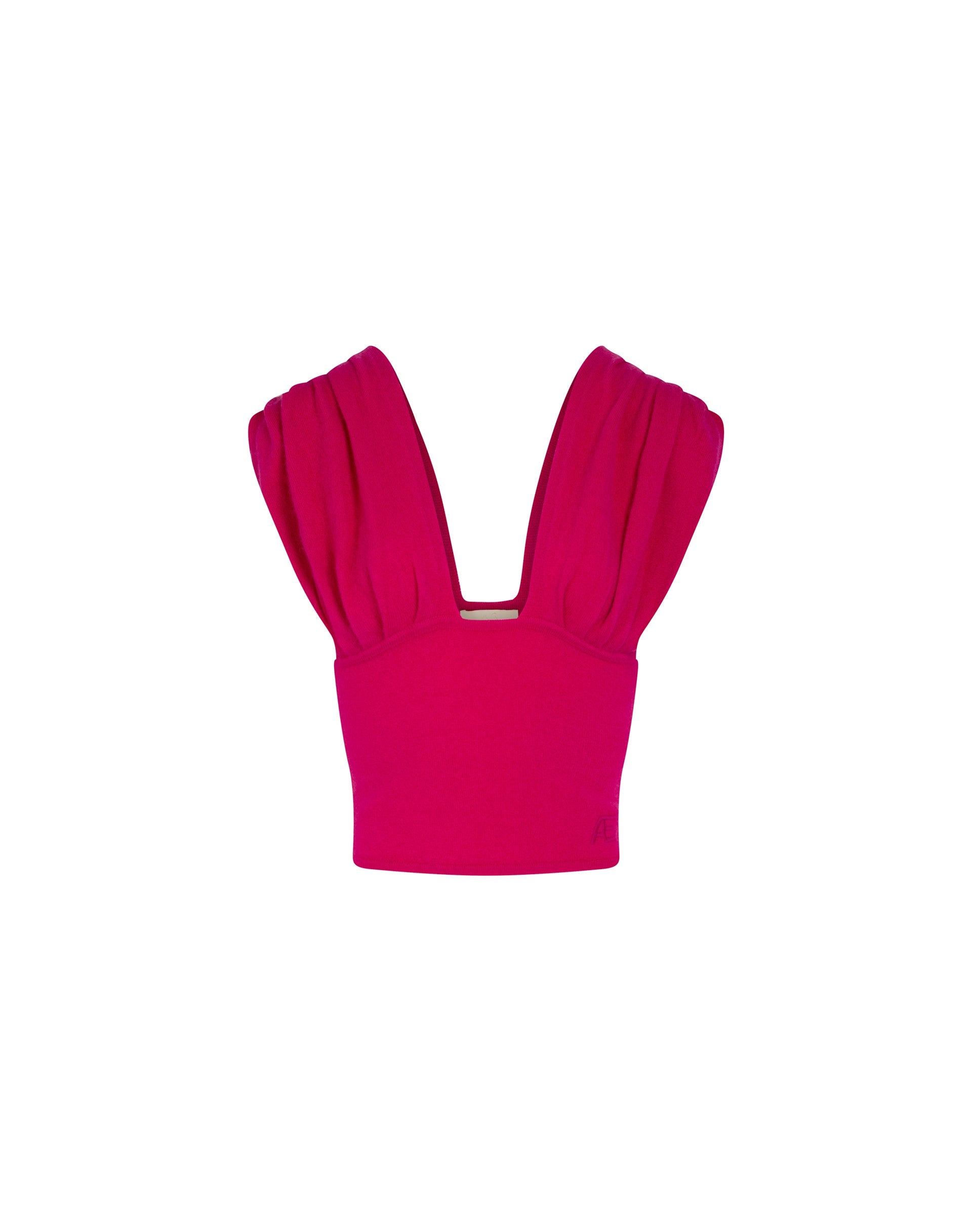 Pink crop top with ruffled neckline on a white background